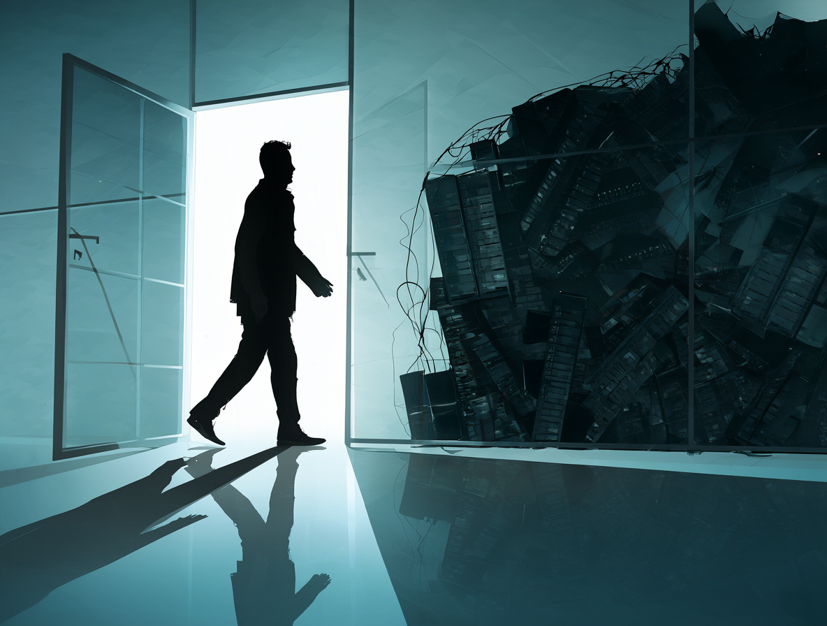 Ilustración conceptual de un empleado abandonando un entorno de trabajo mientras la infraestructura tecnológica queda expuesta al riesgo.