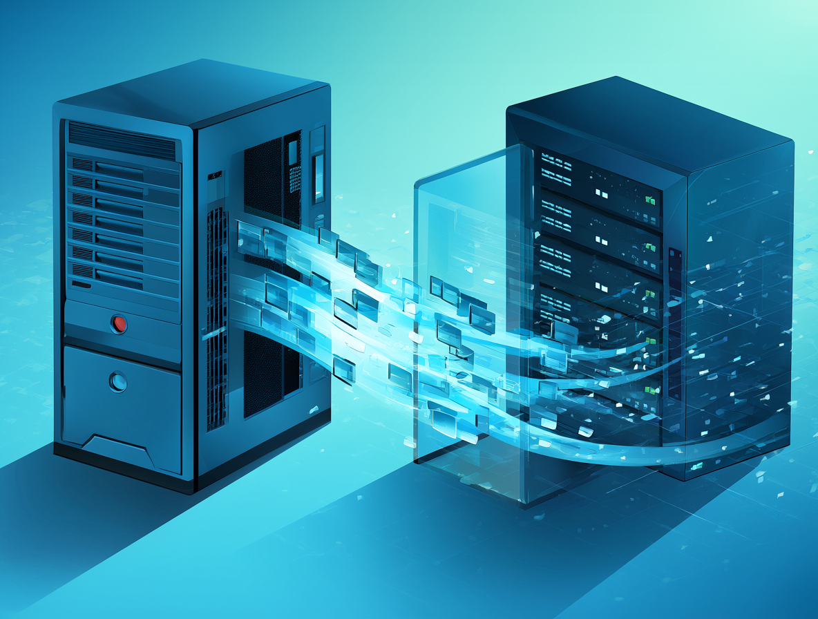 Ilustración de la transferencia de datos y migración de un servidor web a otro.