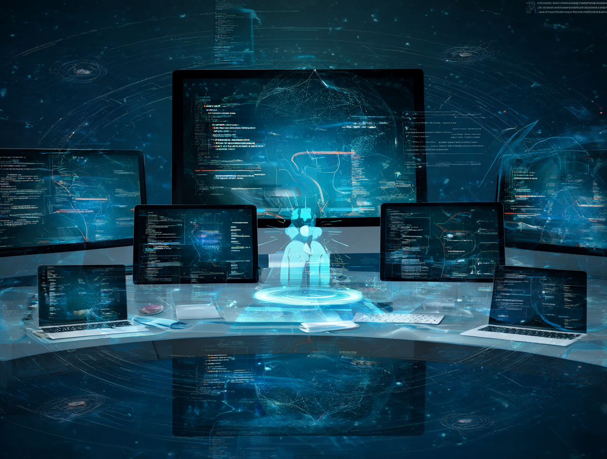 Vista futurista de herramientas de IA y Linux trabajando juntas para crear alternativas a software propietario.