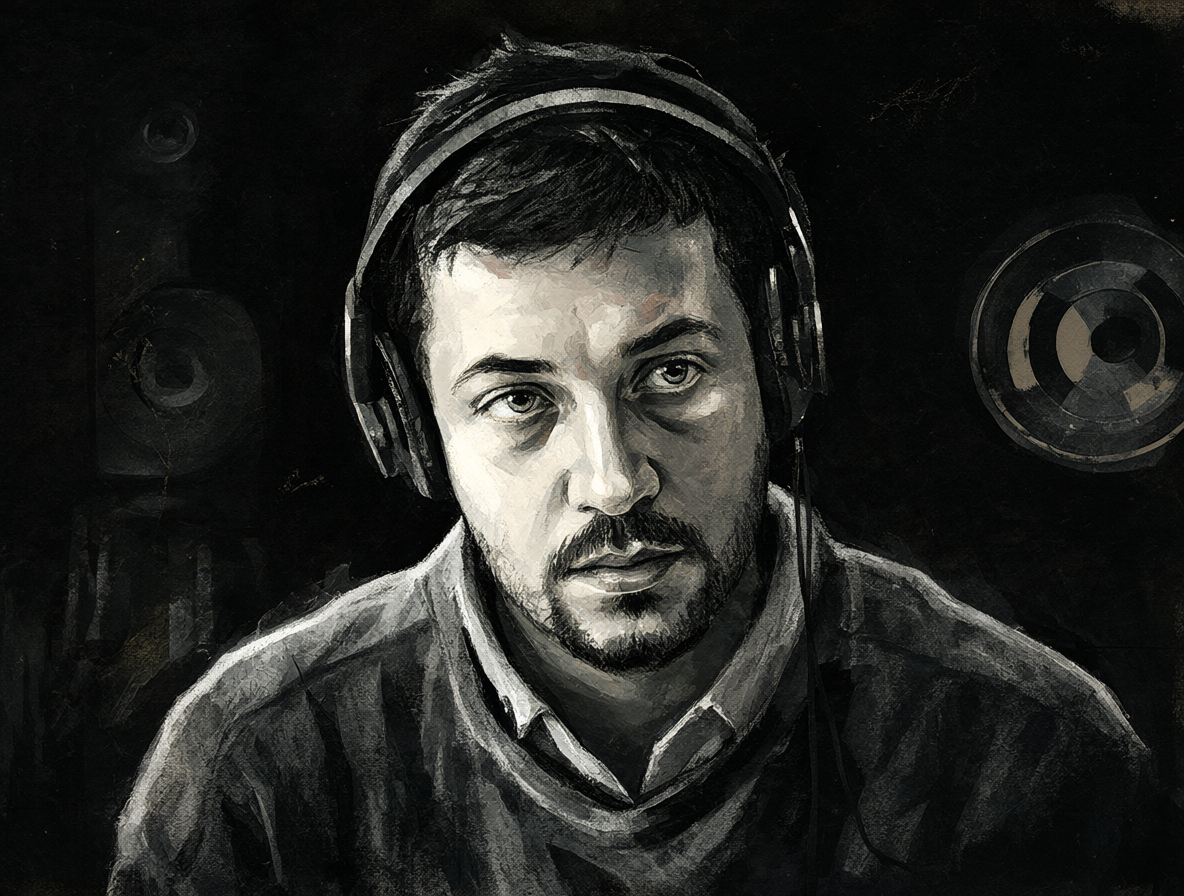 Retrato de Alan Lucero trabajando en su estudio de producción.