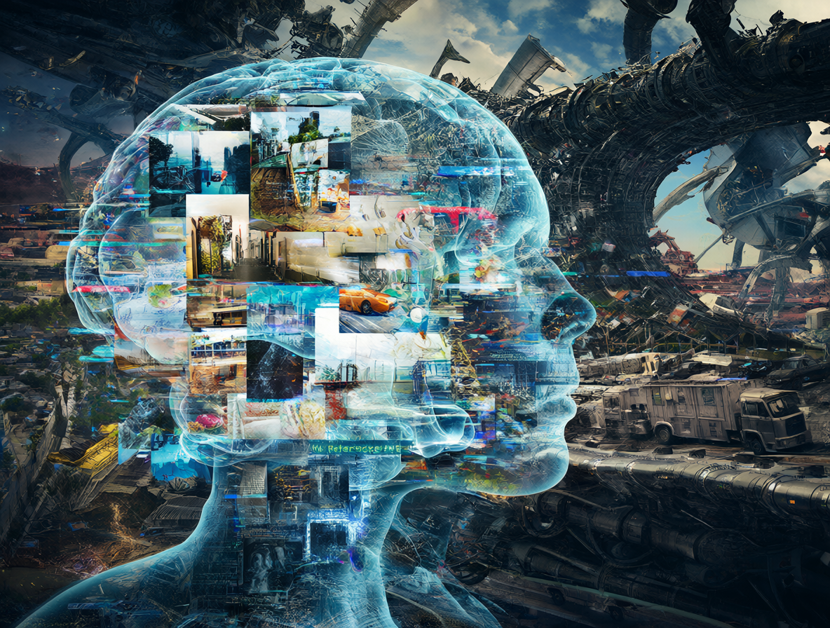 Ilustración surrealista que muestra la mente de una persona transformándose en generación de video y paisajes industriales.