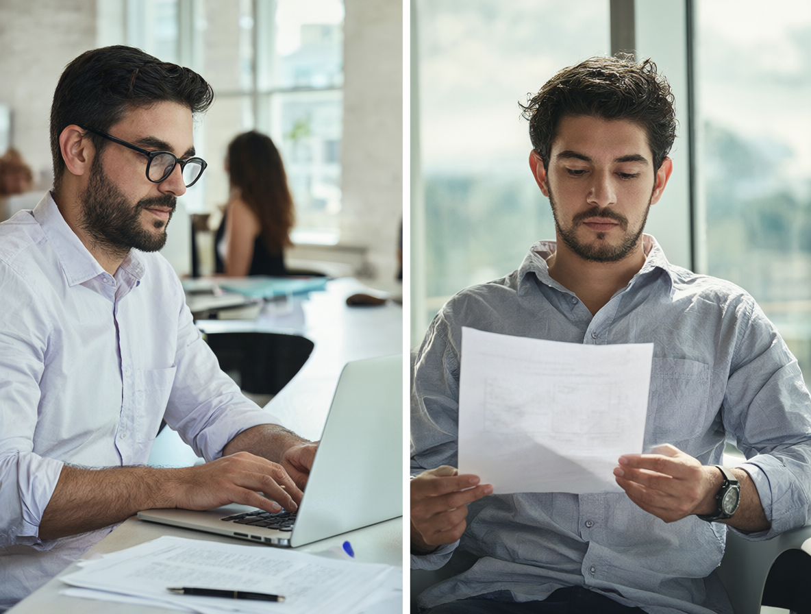 Imagen dividida mostrando la diferencia entre trabajar manualmente y usar servicios externos.