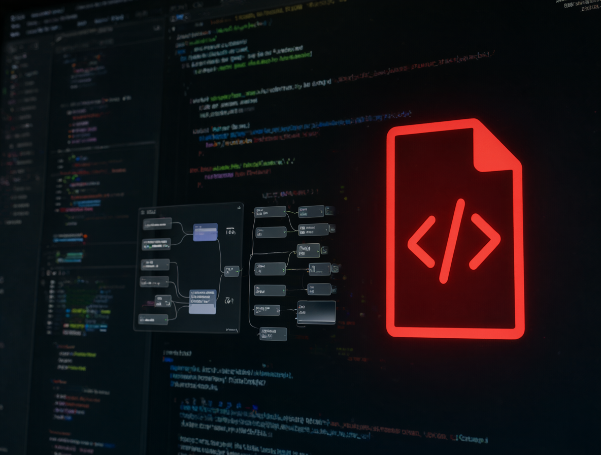 Pantalla mostrando la interfaz de ComfyUI con un icono de advertencia superpuesto y líneas de código Python en el fondo