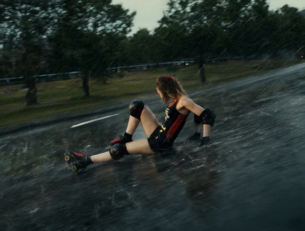 Una patinadora con un traje revelador cayendo en la lluvia sobre una colina empinada.