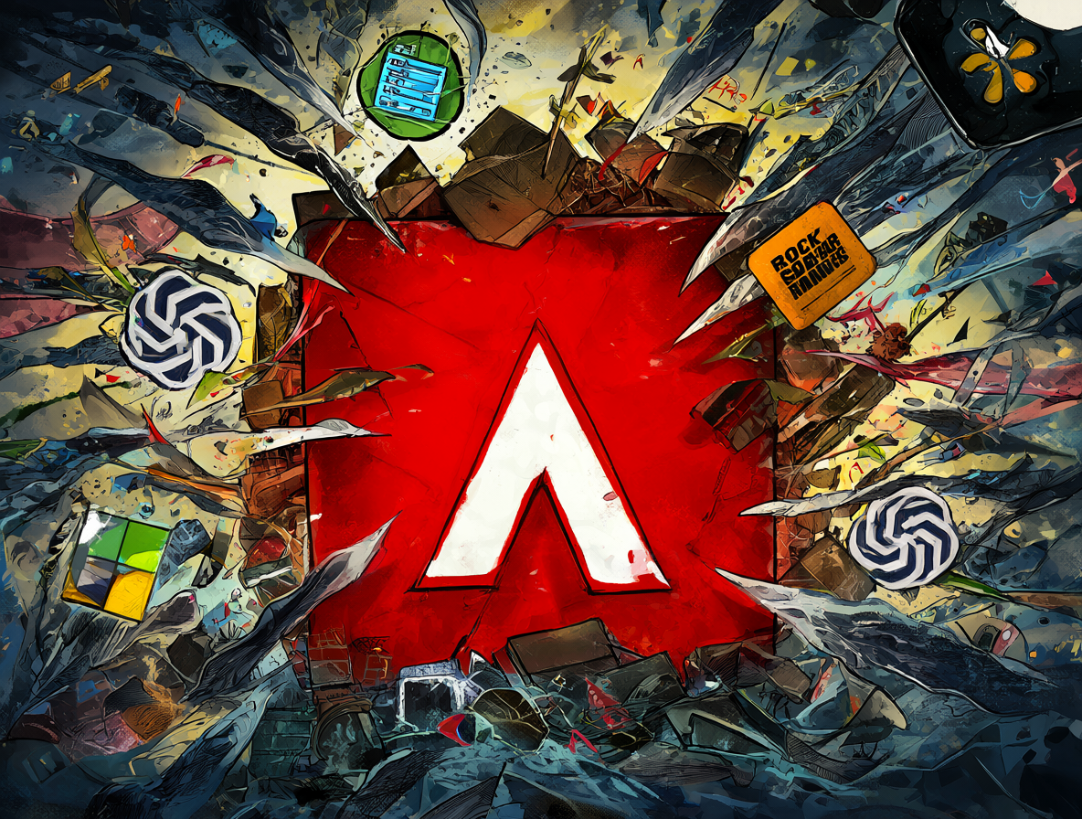 Ilustración digital caótica mostrando un logo de Adobe siendo golpeado por otros logos tecnológicos como Microsoft y OpenAI.