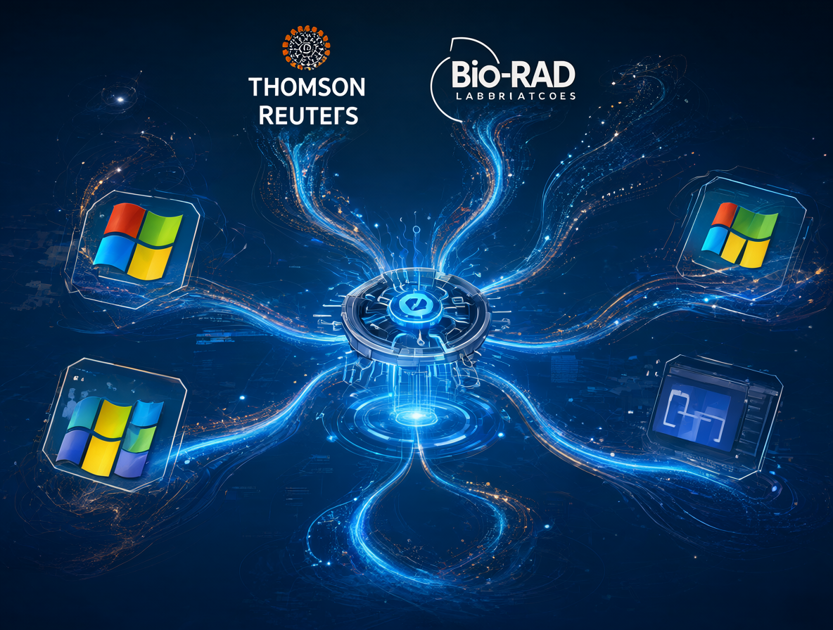 Diagrama futurista mostrando los logos de Thomson Reuters y Bio-Rad transformándose de iconos antiguos a entornos modernos mediante una agente IA.