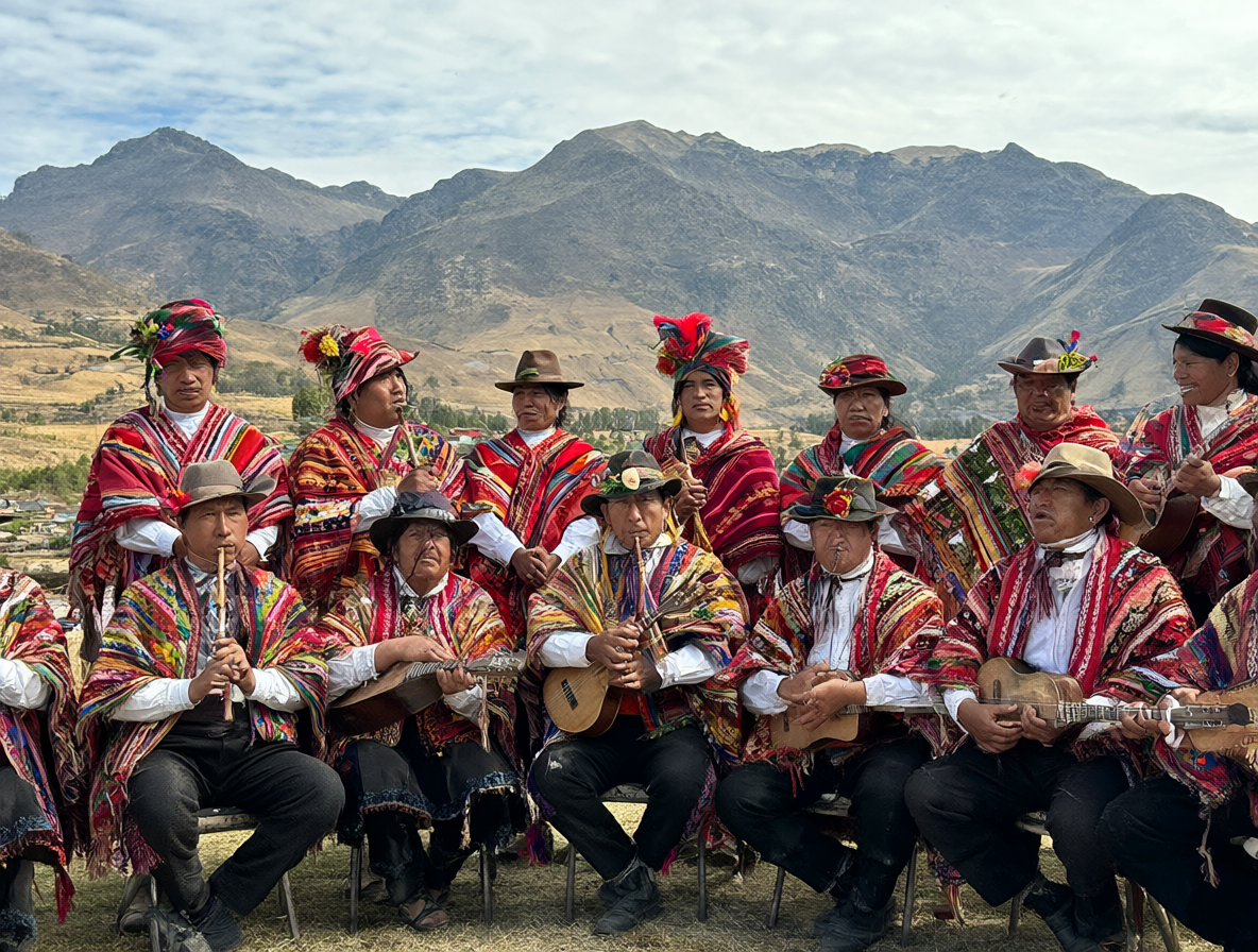 Grupo de músicos con ponchos coloridos tocando instrumentos tradicionales en un paisaje montañoso.