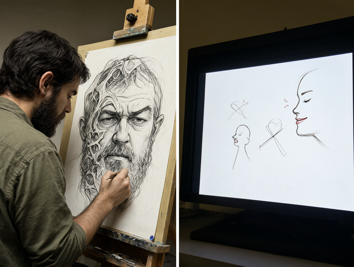 Un artista dividido entre su trabajo técnico complejo a la izquierda y los bocetos sencillos populares a la derecha.