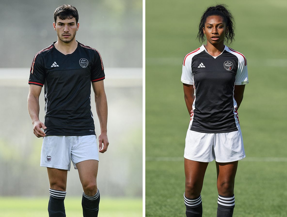 Side-by-side comparison of men's and women's football uniforms