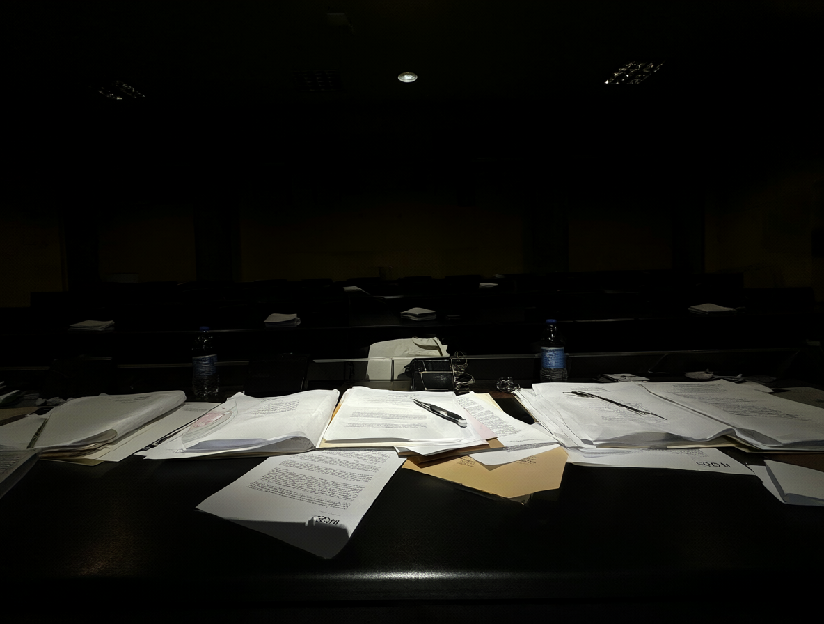 Vista de un salón de audiencias oscuro con una pila de documentos etiquetados como SQM sobre un escritorio.