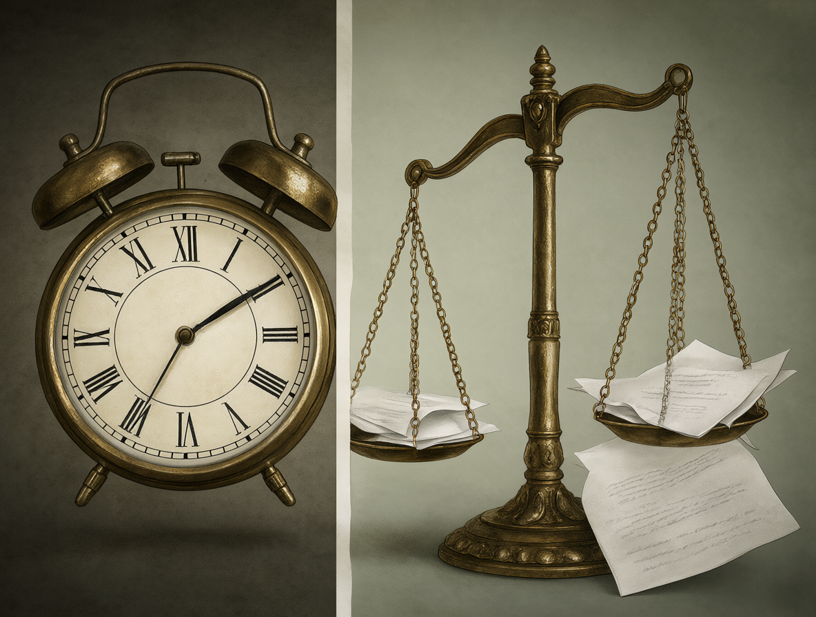 Imagen dividida mostrando un reloj antiguo y una balanza de justicia desequilibrada con documentos faltantes.