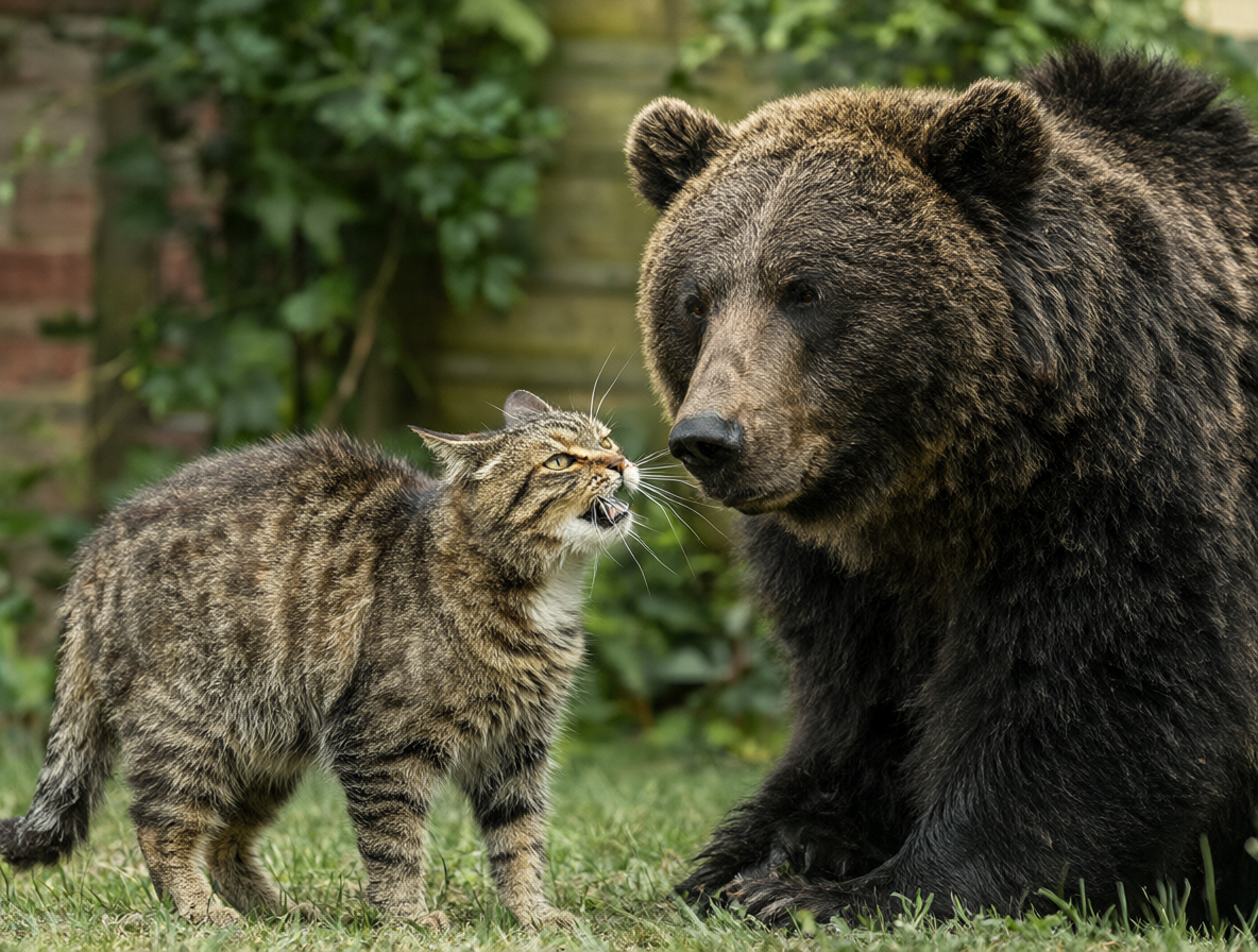 Gato pequeño confrontando a un oso en el patio trasero