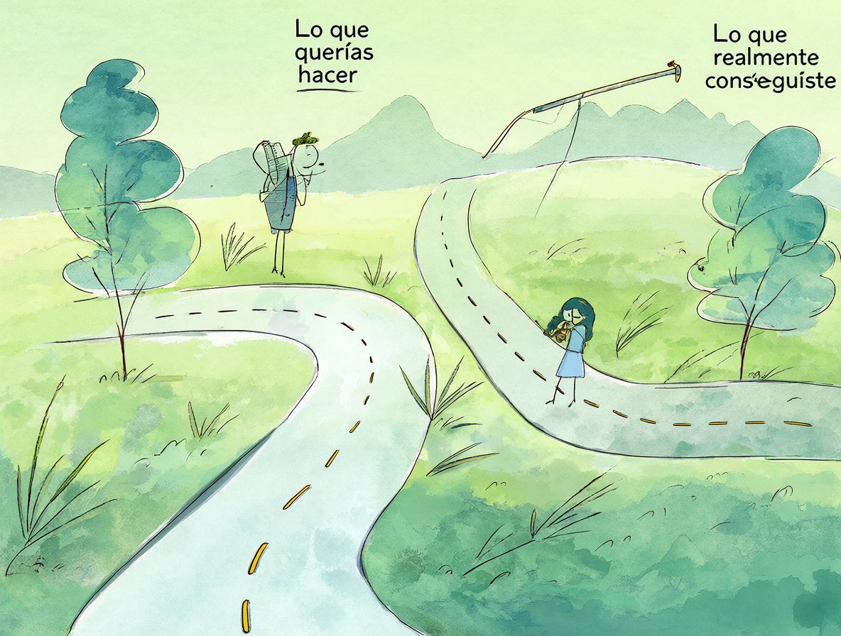 Ilustración conceptual mostrando dos caminos o escalas etiquetadas como lo que se quería hacer versus lo que realmente se logró.