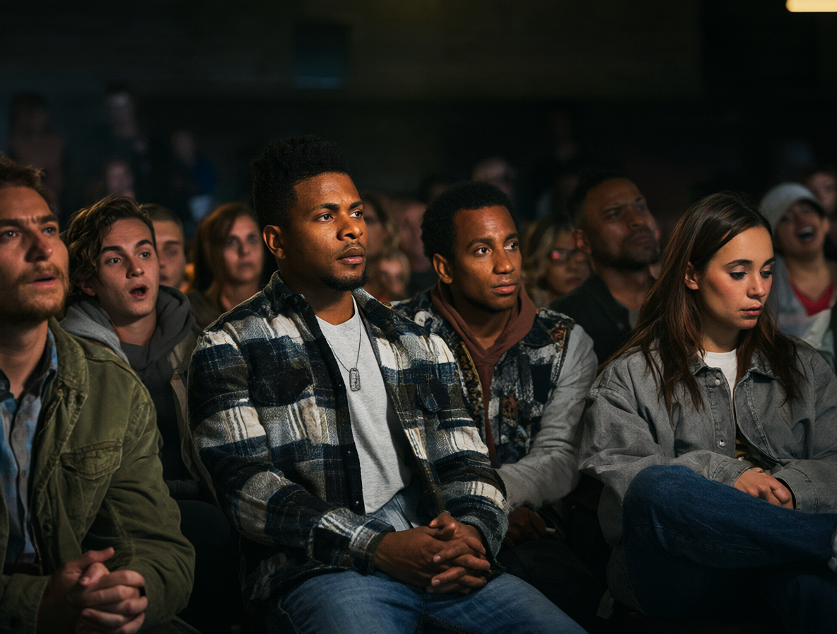 Grupo diverso de personas viendo una pantalla juntos, representando la reacción del público.