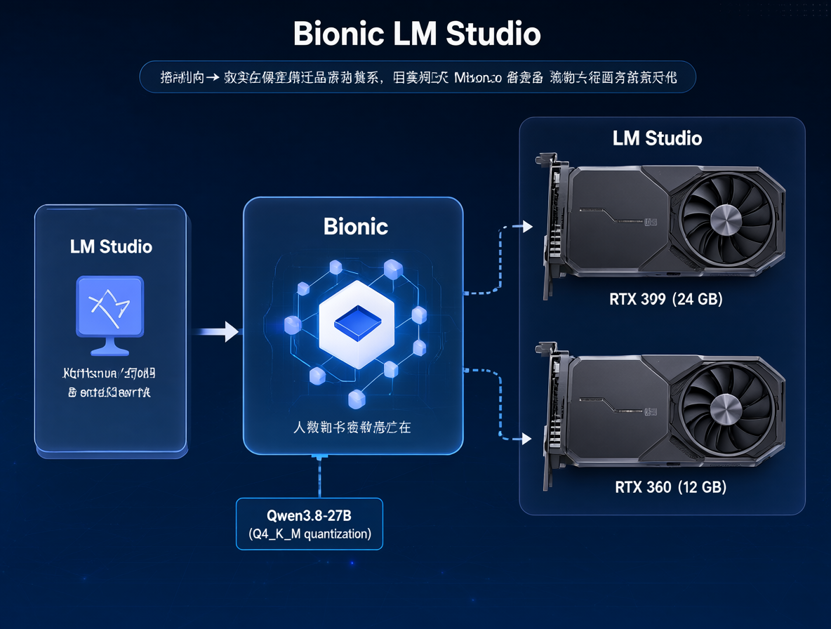 Technical diagram of the agent architecture showing Bionic and LM Studio blocks, RTX 3090 and RTX 360 graphics cards, and the Qwen model placement.