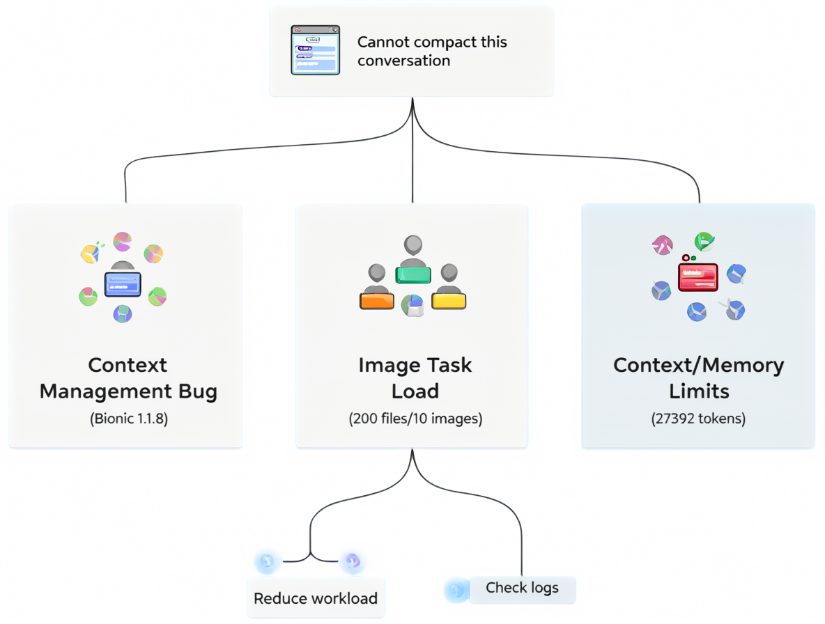 Flowchart showing the troubleshooting steps for a conversation compaction error in an AI agent system.