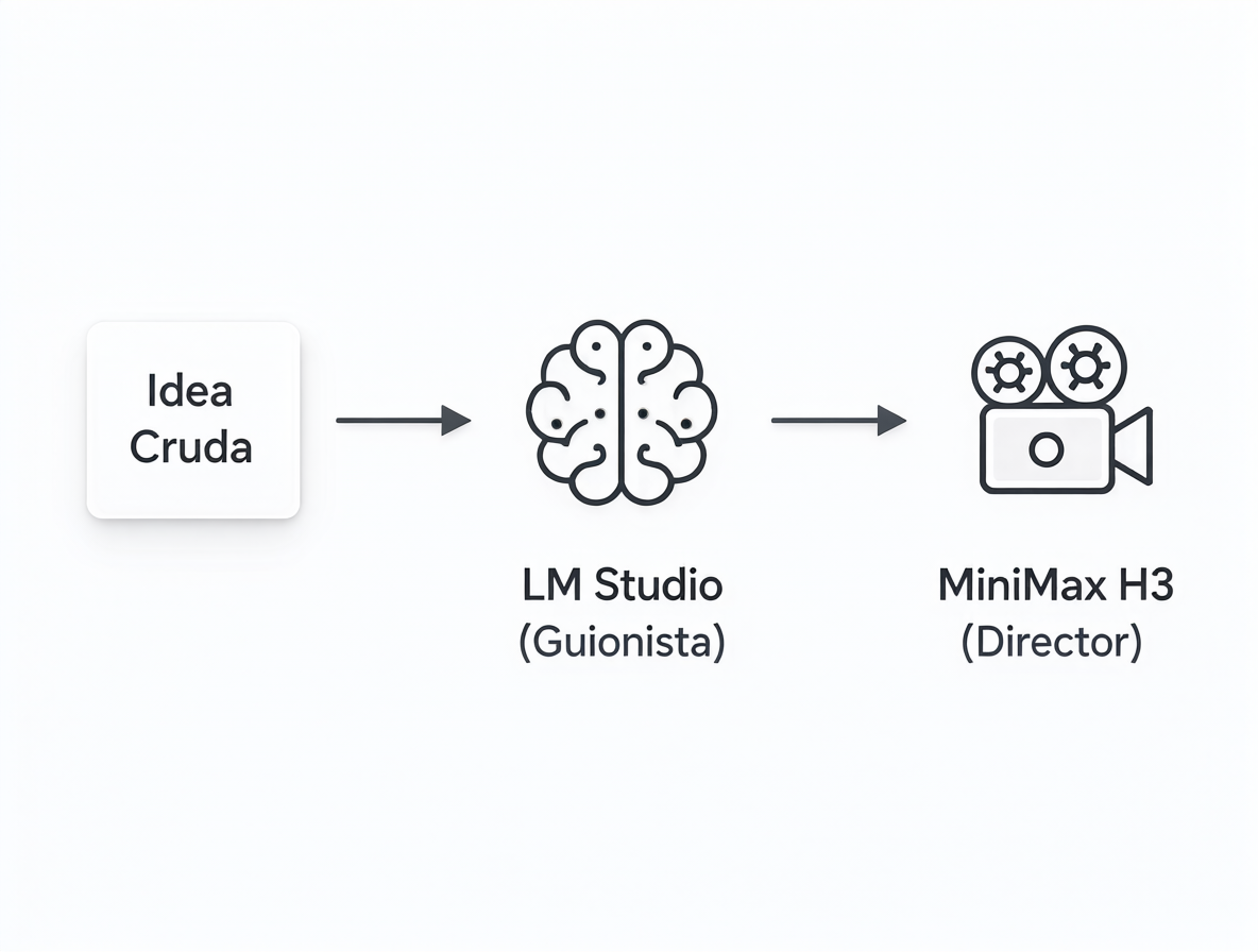 Diagrama de flujo mostrando la transformación desde una idea cruda a través de LM Studio hasta MiniMax H3.