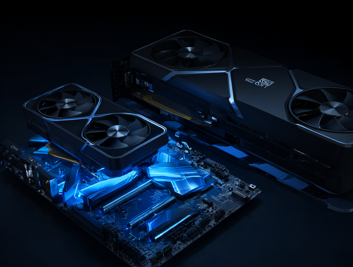 Vista técnica de una RTX 3060 y una RTX 3090 en un entorno tecnológico oscuro.