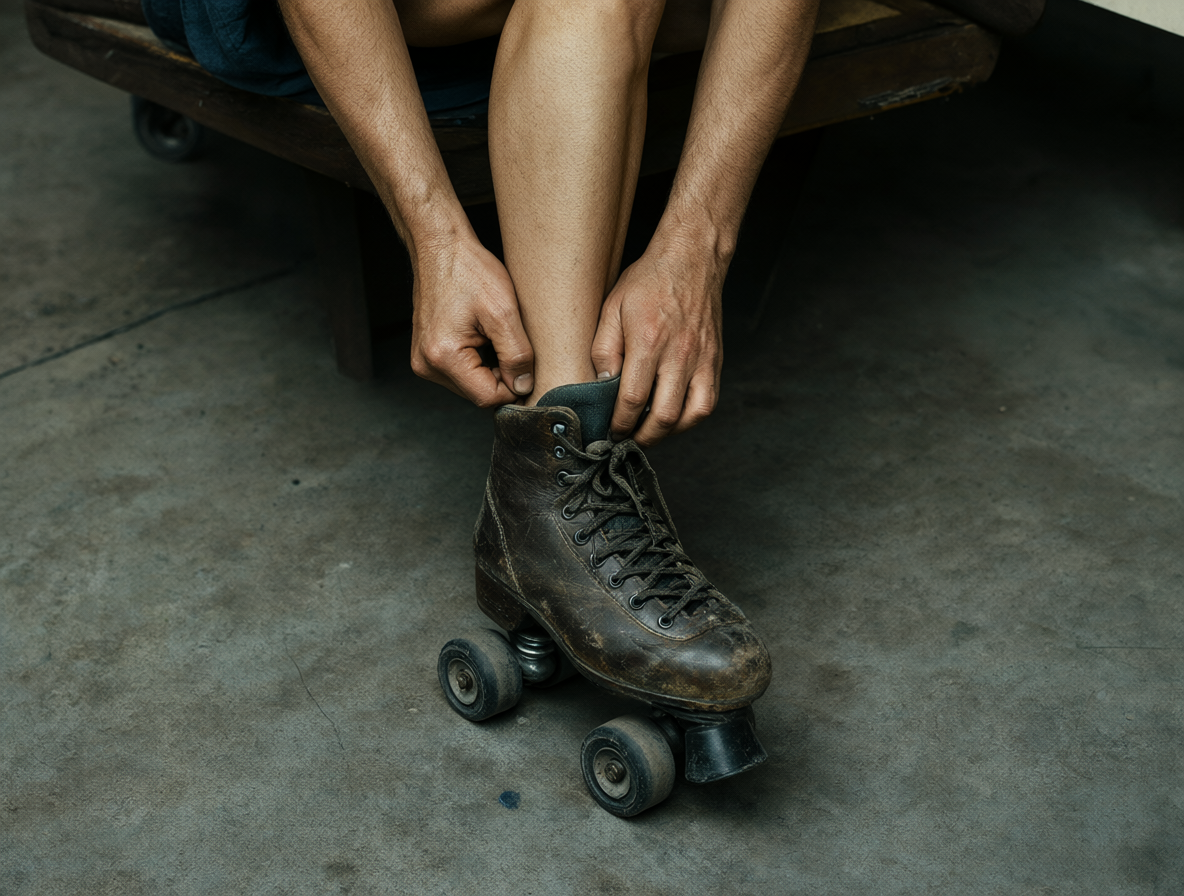 Vista cenital de una persona sentada en un banco, colocándose un rollerskate. Se enfatiza la textura de la piel y el cuero gastado del calzado.