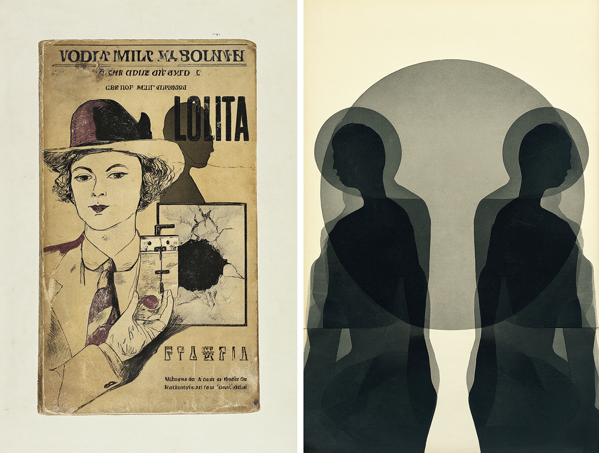 Imagen dividida mostrando una portada de Lolita y dos siluetas separadas, simbolizando la perspectiva narrativa y el conflicto.