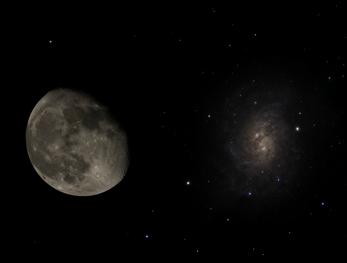 La Luna y la galaxia de Andrómeda comparadas lado a lado en el cielo nocturno.