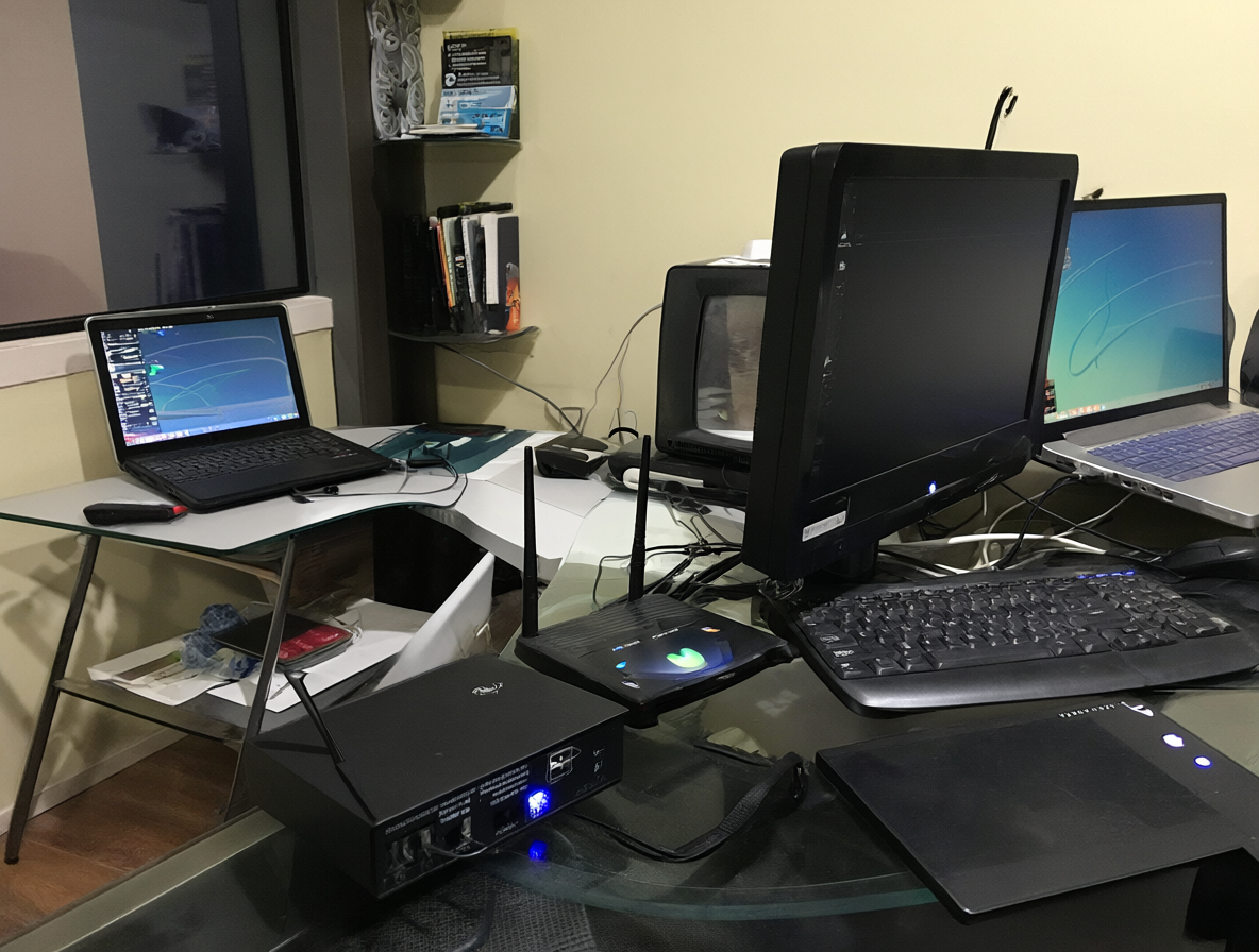 Imagen detallada de una configuración de escritorio remoto con un computador, un portátil y un switch conectados a un router Movistar.