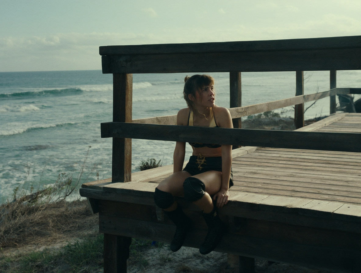 Vista panorámica de una chica sentada en una tarima de madera junto al mar, con una baranda y el océano al fondo.