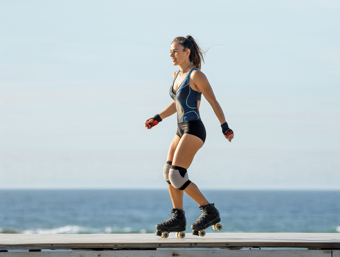 Chica patinando fluidamente de lado a lado sobre rollerskates con el mar al fondo.