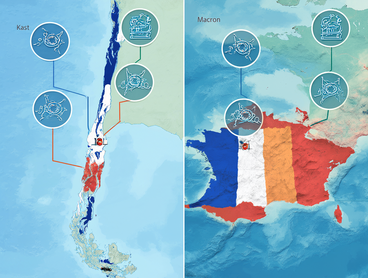 Infografía comparativa visual que contrasta las medidas económicas de Kast en Chile con las reformas implementadas por Emmanuel Macron en Francia.