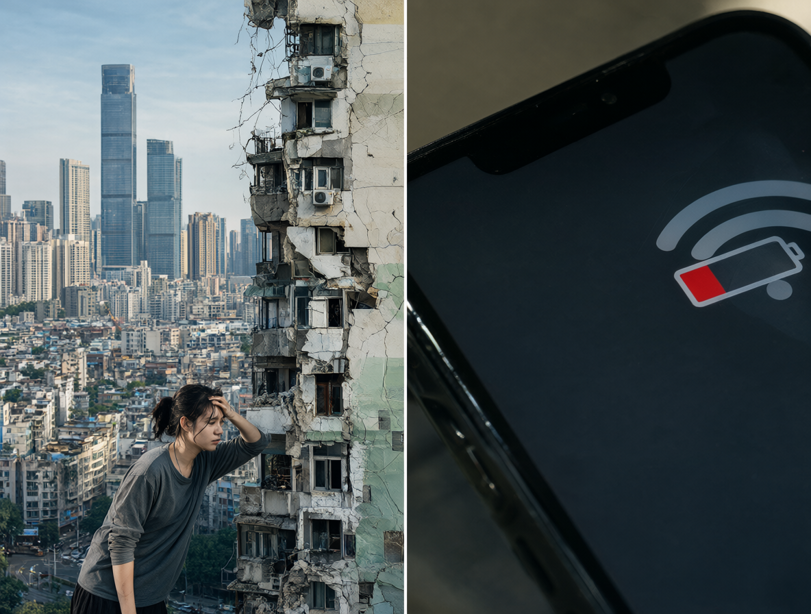 A split image showing systemic struggle and daily technology frustration representing modern youth stress.