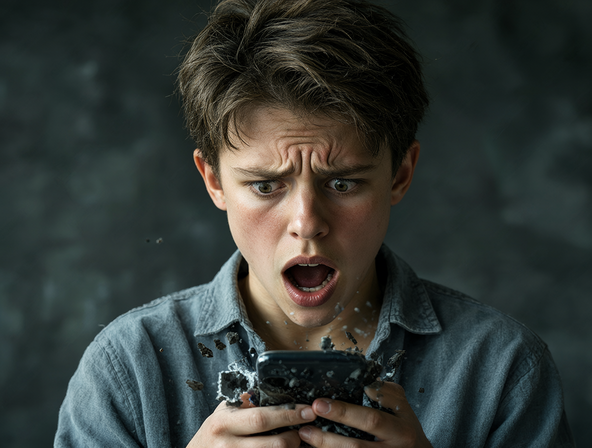 Close-up of a frustrated young adult reacting dramatically to a minor tech issue.