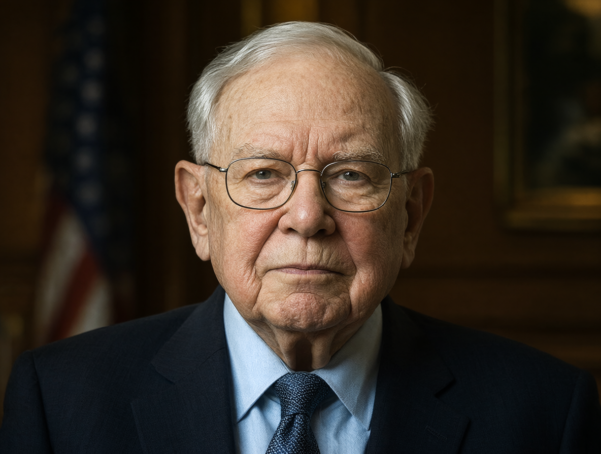 Retrato profesional de Warren Buffett en un contexto financiero.