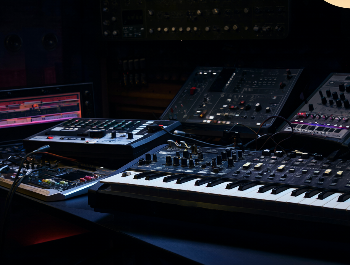 Equipamiento de sintetizadores analógicos en un estudio de música
