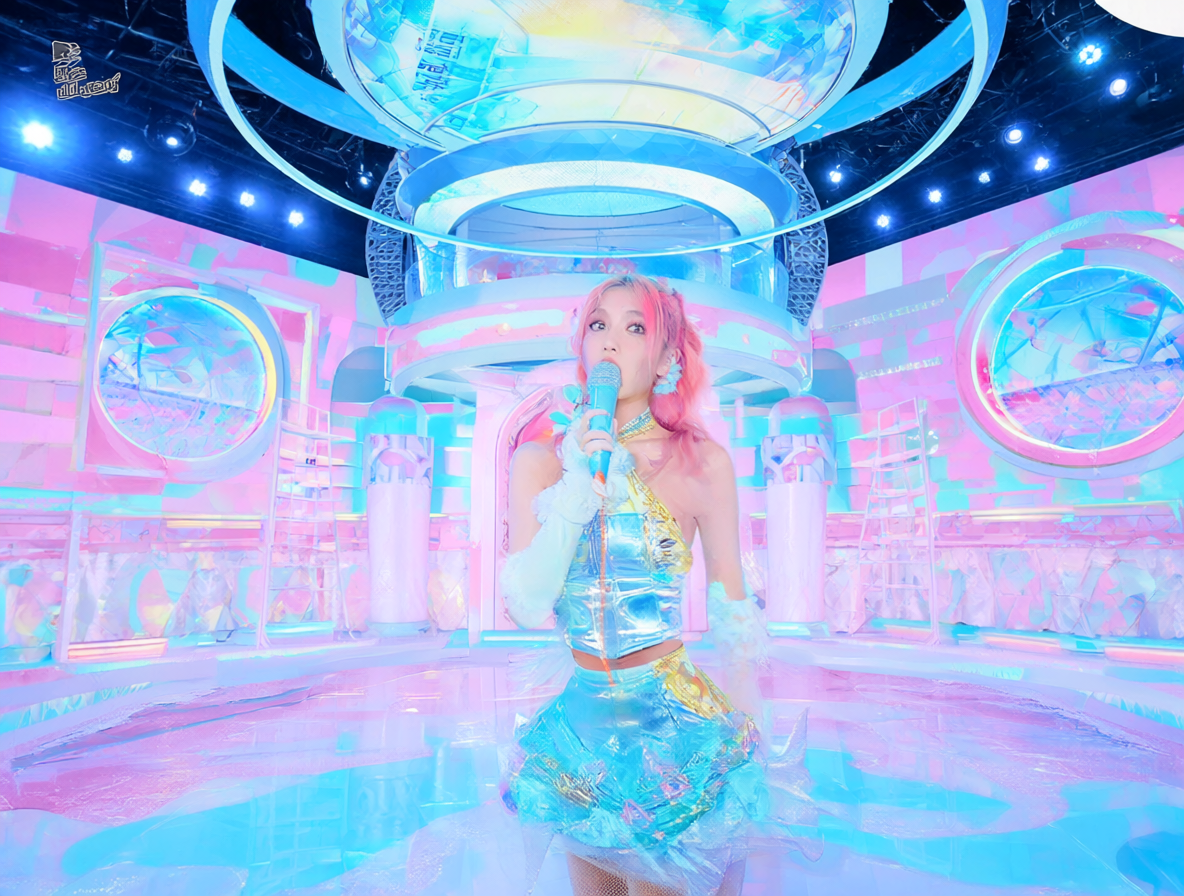Portada vibrante de una canción K-pop con una vocalista femenina