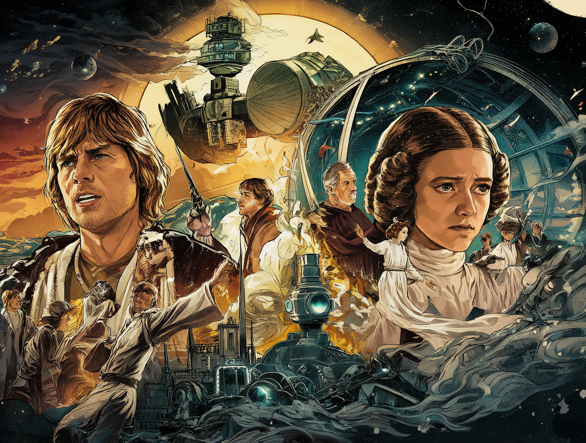 Ilustración mostrando una academia Jedi activa con Luke Skywalker y un retrato de Leia Organa gobernando una Nueva República sólida, simbolizando el futuro del universo Star Wars.