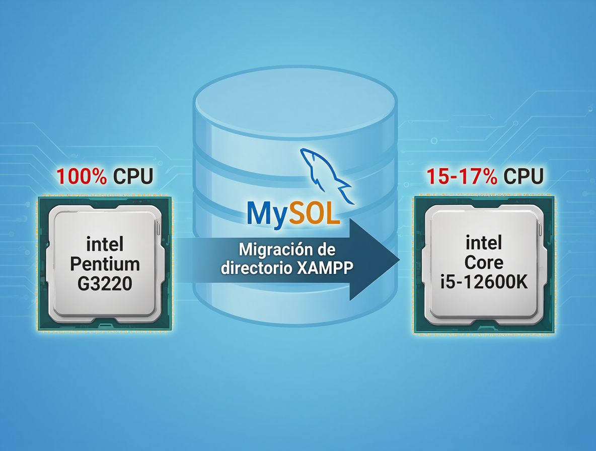 Diagrama técnico mostrando la migración de servidor y el cambio de hardware entre un procesador Pentium G3220 y un Core i5-12600K, junto con estadísticas de uso de CPU.