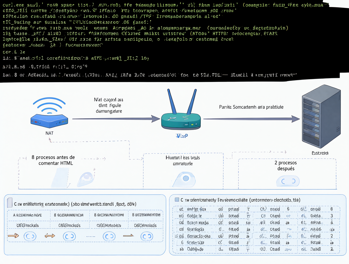 Diagrama técnico detallado que muestra las pruebas de velocidad, la configuración de red y el impacto en la base de datos.