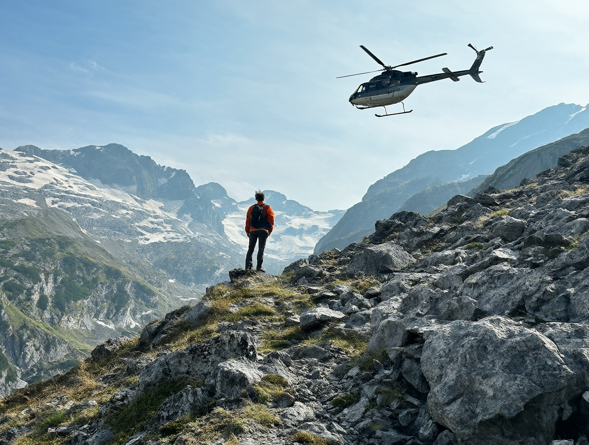 Hiker and rescue helicopter on a mountain trail.
