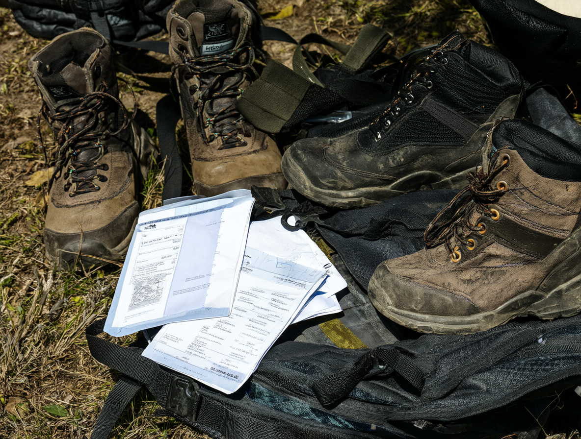 Hiking gear and permit documents on a table.