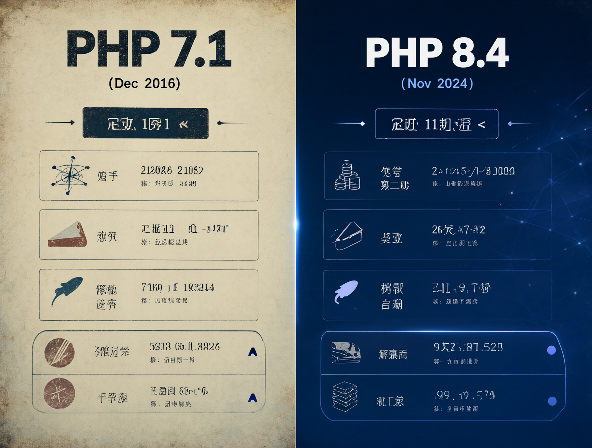 Infografía comparativa entre PHP 7.1 y PHP 8.4 mostrando fechas de lanzamiento y fin del soporte.