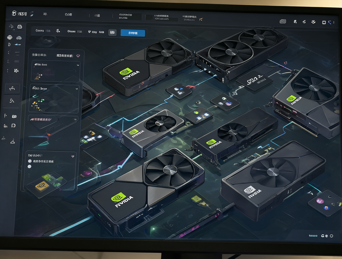 Una interfaz de software mostrando flujos de trabajo junto a tarjetas gráficas RTX.