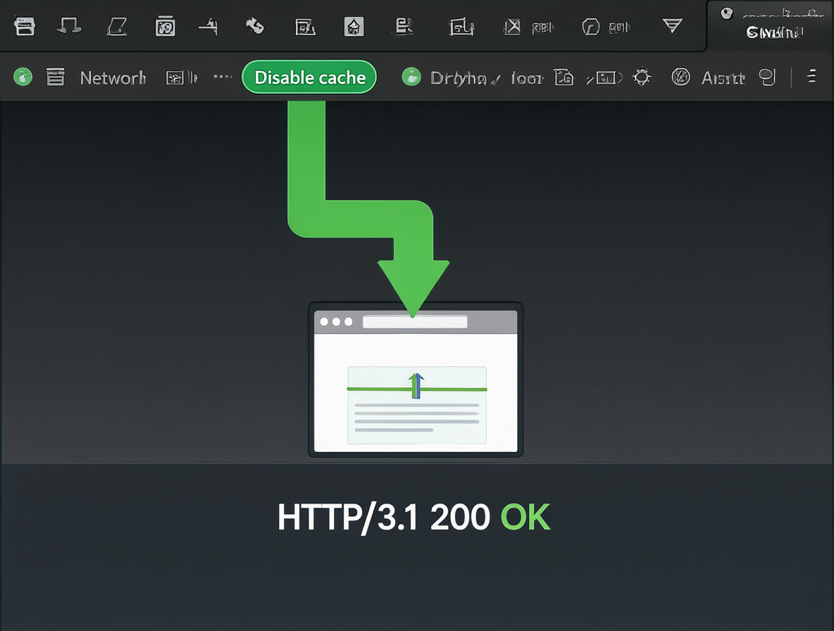 Interfaz de las herramientas de desarrollador con la opción Disable cache activada y un resultado HTTP 200 OK.