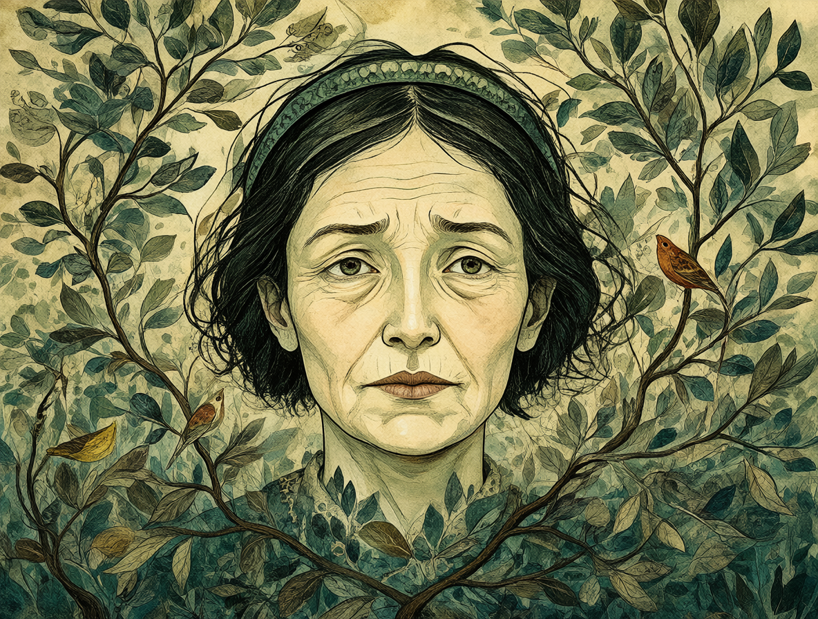 Una persona serena rodeada de elementos naturales que simbolizan la sabiduría, nostalgia y el misterio de tener un alma vieja.