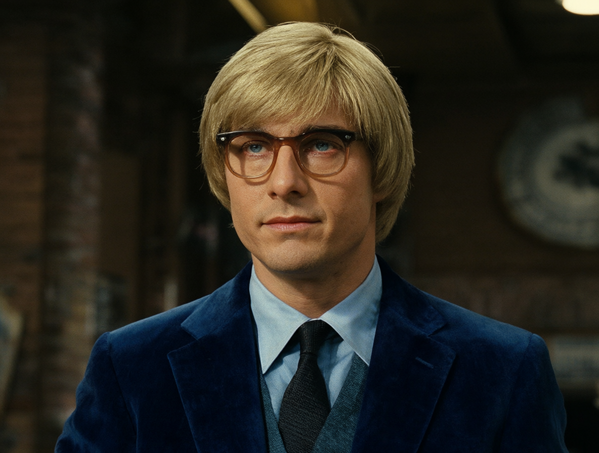 Foto del inicio de Austin Powers con el traje azul y peluca