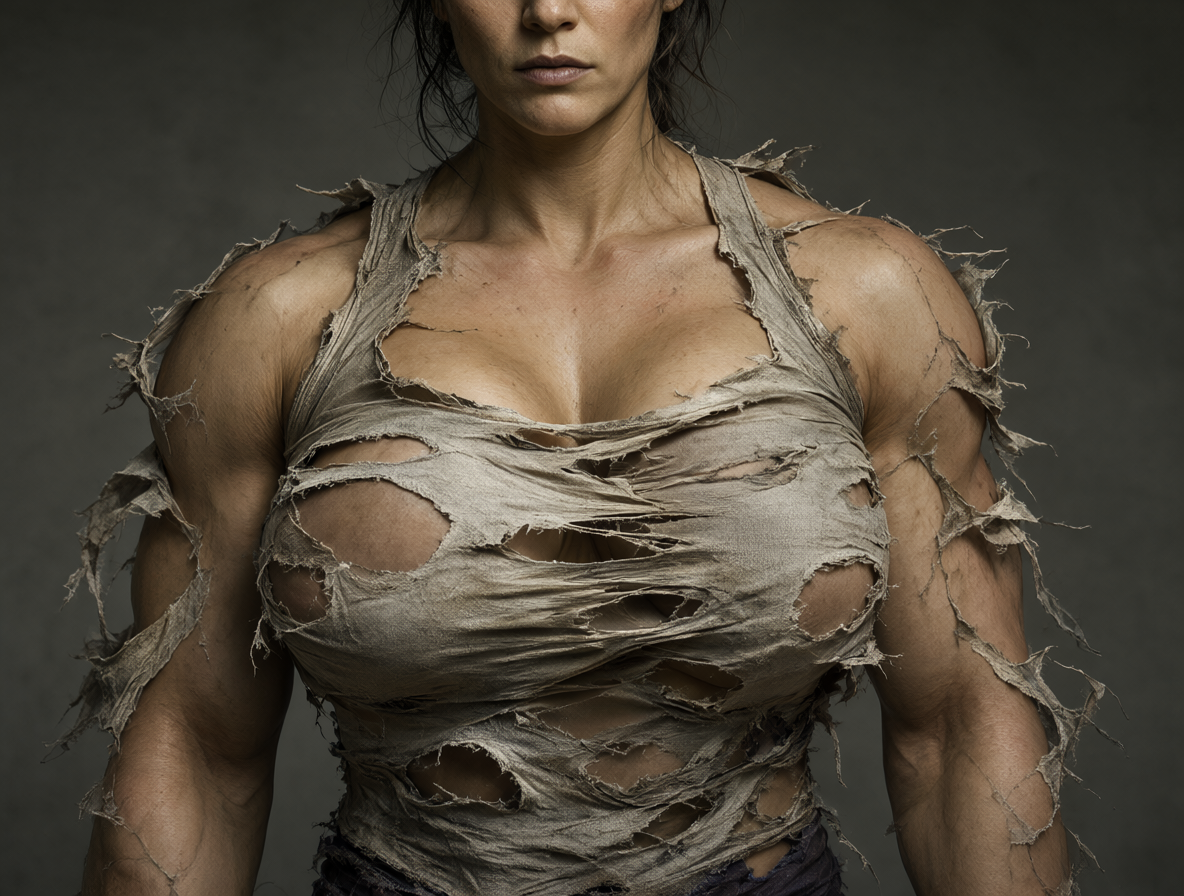 Retrato de una mujer usando un atuendo dañado y estirado que parece a punto de reventar.