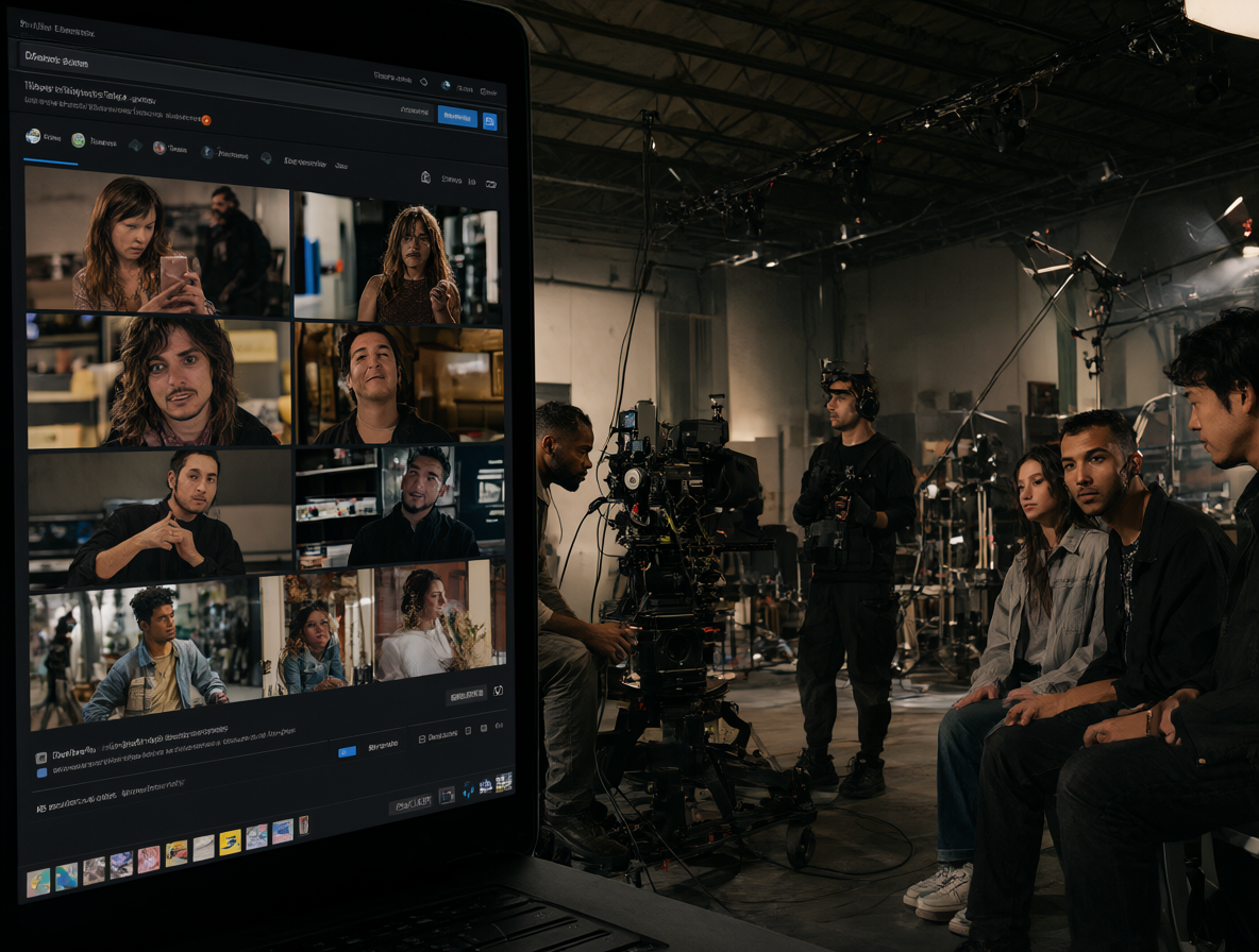 Imagen que muestra una interfaz de software de generación de video junto a un equipo de filmación profesional.
