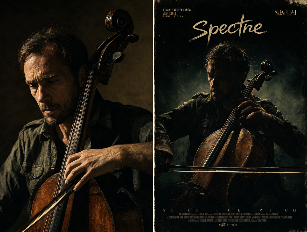Composición dividida mostrando un violonchelo siendo tocado con una púa, junto a las portadas del sencillo Spectre y Burn the Witch.