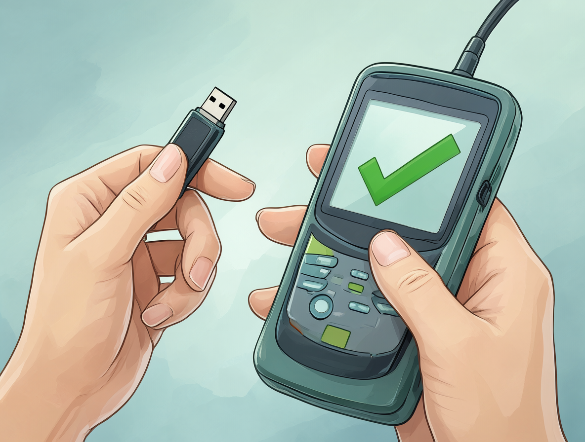 Ilustración de alguien probando un dispositivo electrónico con una herramienta de verificación que muestra resultados positivos.
