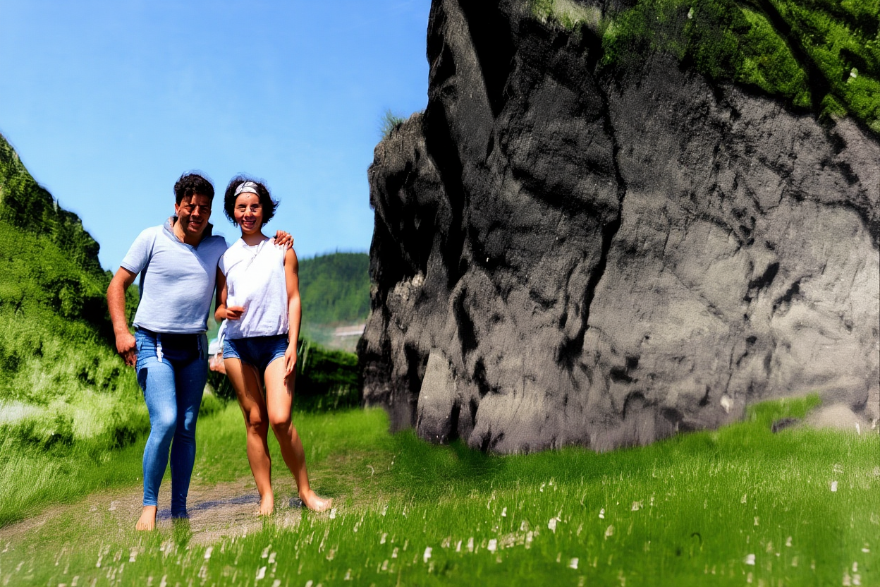Dos personas al aire libre, entre pasto y una roca grande