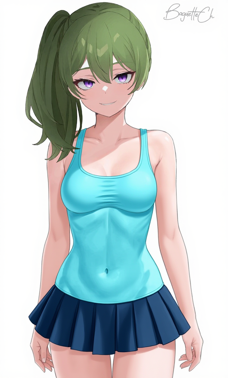 Imagen generada de una chica de estilo anime con pelo verde y top turquesa